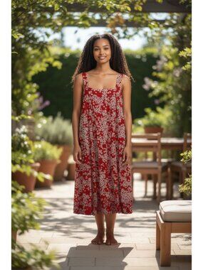 Red Floral Sleeveless Midi Dress By Socialite Size L Lightweight Summer Style